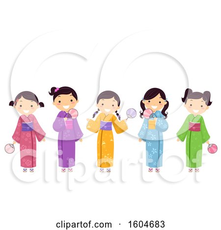 Clipart of a Group of Japanese Girls Wearing Colorful Kimonos and Holding Fans - Royalty Free Vector Illustration by BNP Design Studio