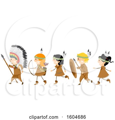 Clipart of a Group of Children in Native American Constumes, with Hunting Gear - Royalty Free Vector Illustration by BNP Design Studio