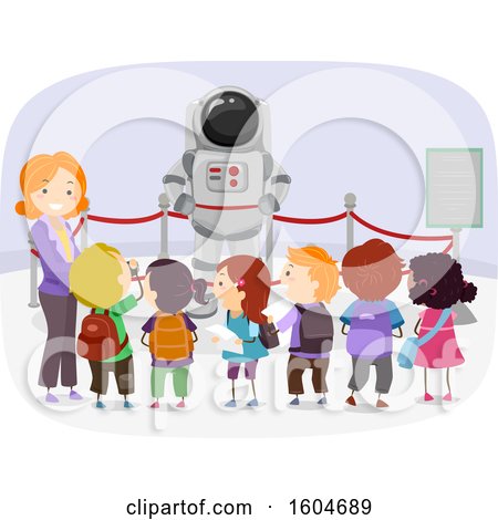 Clipart of a Female Teacher and Students Looking at an Astronaut Pressure Suit in a Museum - Royalty Free Vector Illustration by BNP Design Studio