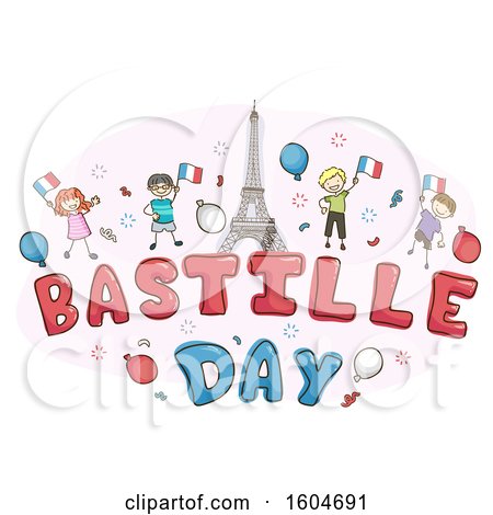 Clipart of a Group of Children Holding French Flags Around the Eiffel Tower with Bastille Day Text - Royalty Free Vector Illustration by BNP Design Studio
