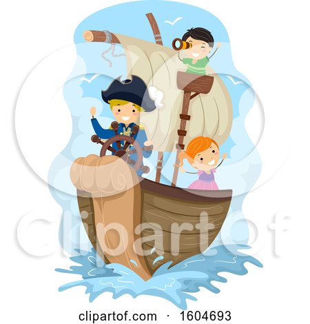 Clipart of a Group of Children Sailing a Pirate Ship - Royalty Free Vector Illustration by BNP Design Studio