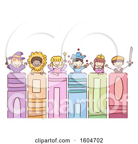 Clipart of a Sketched Group of Children at the Top of Fairy Tale Books - Royalty Free Vector Illustration by BNP Design Studio