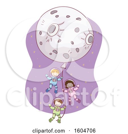 Clipart of a Sketched Moon Balloon with Child Astronauts - Royalty Free Vector Illustration by BNP Design Studio