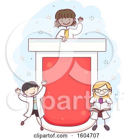 Clipart of a Sketched Giant Test Tube with Children in Lab Coats - Royalty Free Vector Illustration by BNP Design Studio