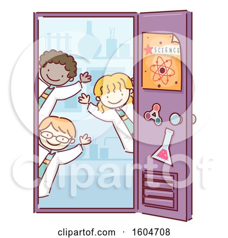 Clipart of a Group of Students Welcoming at a Science Lab Door - Royalty Free Vector Illustration by BNP Design Studio
