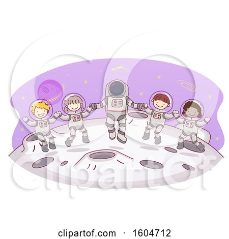 Clipart of a Sketched Group of Astronauts over the Moon - Royalty Free Vector Illustration by BNP Design Studio