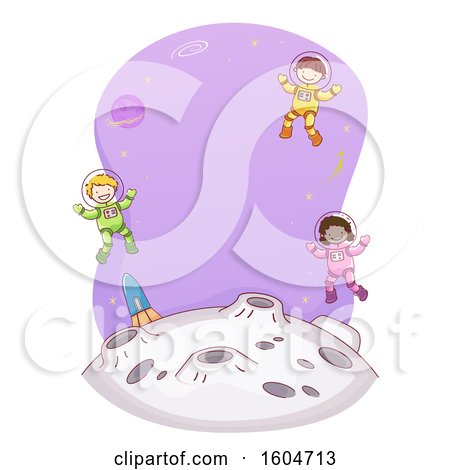 Clipart of a Sketched Group of Children Astronauts over the Moon - Royalty Free Vector Illustration by BNP Design Studio