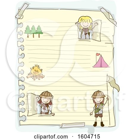 Clipart of a Sketched Sheet of Ruled Paper with Scout Girls - Royalty Free Vector Illustration by BNP Design Studio