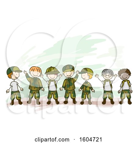 Clipart of a Sketched Group of Waving Boys in Camouflage Uniforms - Royalty Free Vector Illustration by BNP Design Studio