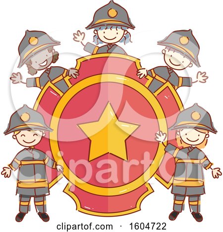 Clipart of a Sketched Group of Fire Fighter Children Around a Badge - Royalty Free Vector Illustration by BNP Design Studio