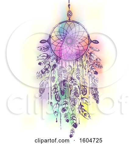 Clipart of a Boho Dream Catcher with Lots of Feathers and Rainbow Colors - Royalty Free Vector Illustration by BNP Design Studio