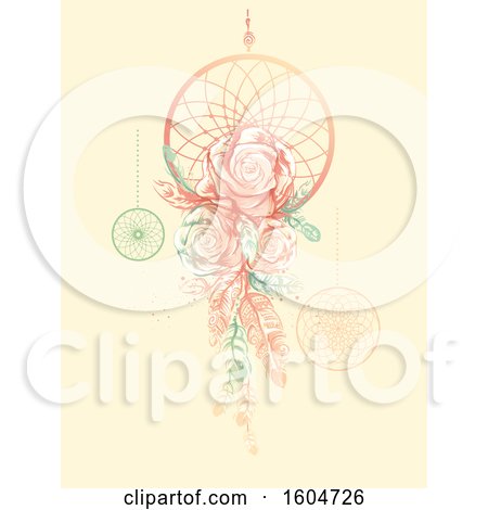 Clipart of a Dream Catcher with Roses and Feathers, on Beige - Royalty Free Vector Illustration by BNP Design Studio