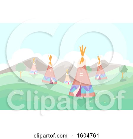 Clipart of a Meadow with Tipis - Royalty Free Vector Illustration by BNP Design Studio