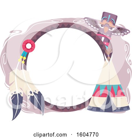 Clipart of a Round Native American Frame with Feathers, a Totem Pole and Tipi - Royalty Free Vector Illustration by BNP Design Studio