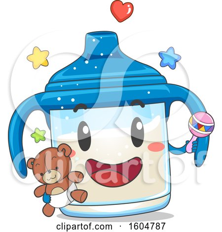 Clipart of a Sippy Cup Mascot Holding a Rattle and Teddy Bear - Royalty Free Vector Illustration by BNP Design Studio