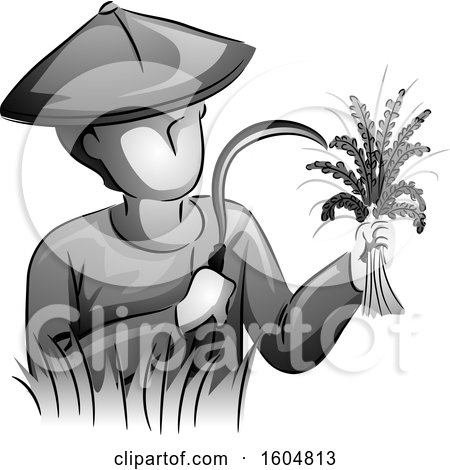 Clipart of a Grayscale Male Farmer Holding a Sickle and Freshly Harvested Rice - Royalty Free Vector Illustration by BNP Design Studio