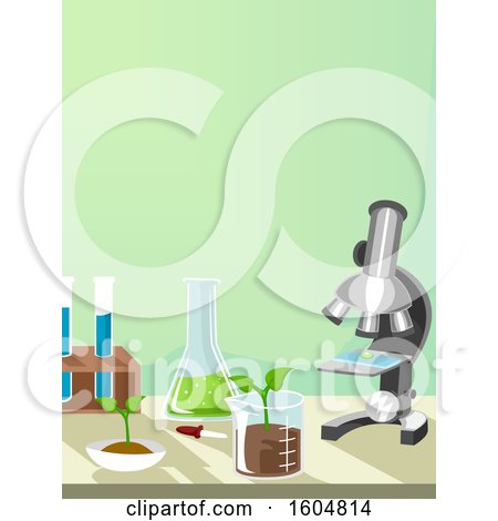 Clipart of an Agricultural Chemistry Microscope, Beaker with Seedling, Flask and Test Tubes - Royalty Free Vector Illustration by BNP Design Studio