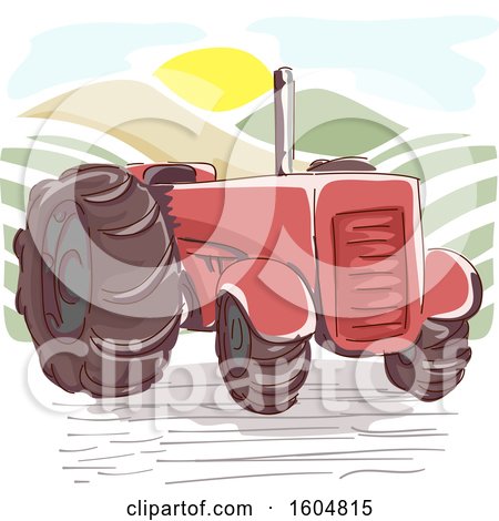 Clipart of a Vintage Red Farm Tractor at Sunrise - Royalty Free Vector Illustration by BNP Design Studio