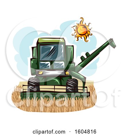Clipart of a Green Farm Harvester Machine in a Wheat Field Under the Sun - Royalty Free Vector Illustration by BNP Design Studio
