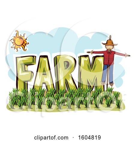 Clipart of a Scarecrow and the Word Farm over a Rice Field - Royalty Free Vector Illustration by BNP Design Studio