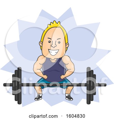 Clipart of a Cartoon Blond White Man Flexing over a Heavy Barbell - Royalty Free Vector Illustration by BNP Design Studio