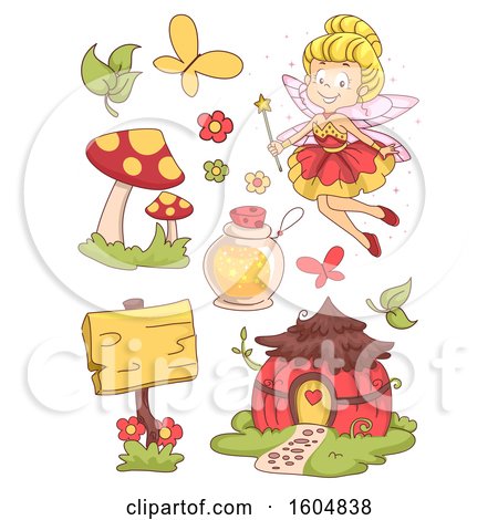 Clipart of a Happy Flying Fairy with Mushrooms, Wooden Signage, Potion and Flowers - Royalty Free Vector Illustration by BNP Design Studio