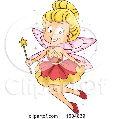 Clipart of a Flying Happy Blond Fairy Holding a Magic Wand - Royalty Free Vector Illustration by BNP Design Studio