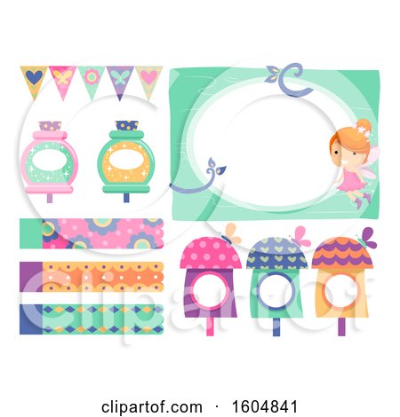 Clipart of Fairy Elements with Frame, Cute Houses, Banner, Potion and Pennant Banners - Royalty Free Vector Illustration by BNP Design Studio