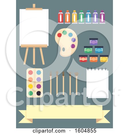 Clipart of Painting Elements from Easel, Canvas, Paint Tubes, Paint Palette, Paintbrush, Paper, Wooden Palette and Ribbon - Royalty Free Vector Illustration by BNP Design Studio