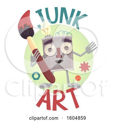 Clipart of a Junk Art Design with a Tin Can Man Holding a Paintbrush - Royalty Free Vector Illustration by BNP Design Studio