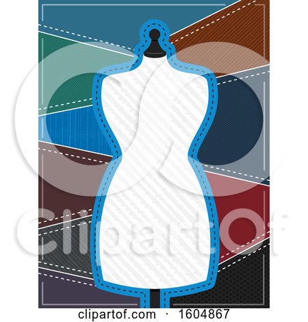 Clipart of a Blank Sewing Mannequin Frame with Pants Fabric Patters Behind - Royalty Free Vector Illustration by BNP Design Studio