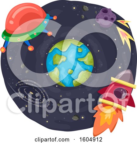 Clipart of a Ufo Comet and Rocket Around Planet Earth - Royalty Free Vector Illustration by BNP Design Studio