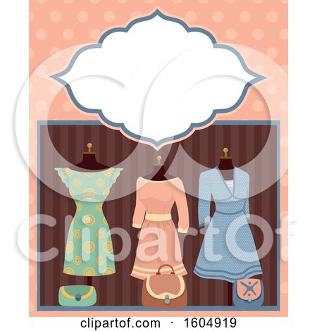 Clipart of a Blank Frame over a Window with Dressed up Mannequins - Royalty Free Vector Illustration by BNP Design Studio