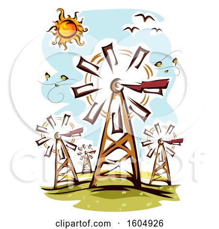 Clipart of a Windmill Farm on a Sunny Day - Royalty Free Vector Illustration by BNP Design Studio