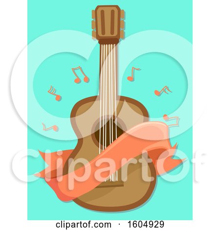 Clipart of a Blank Banner and Music Notes Around a Guitar - Royalty Free Vector Illustration by BNP Design Studio