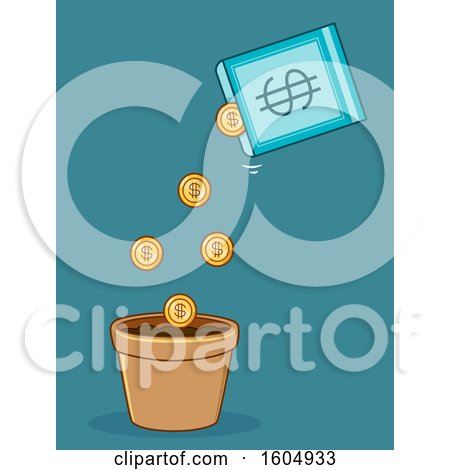 Clipart of a Seed Packet Pouring Gold Coins in a Pot - Royalty Free Vector Illustration by BNP Design Studio