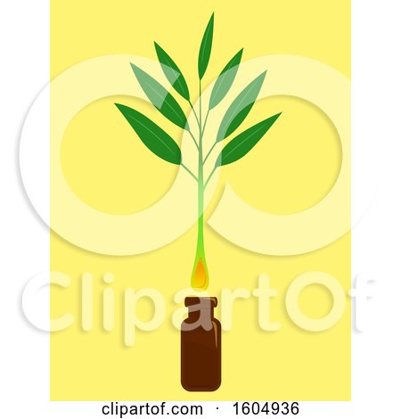 Clipart of a Tea Tree Plant with Oil Dropping down a Brown Bottle, on a Yellow Background - Royalty Free Vector Illustration by BNP Design Studio