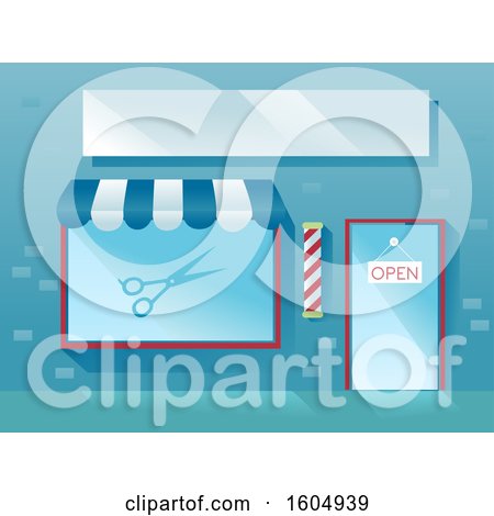 Clipart of a Facade of a Barber Shop with Scissors and an Open Sign at the Door - Royalty Free Vector Illustration by BNP Design Studio