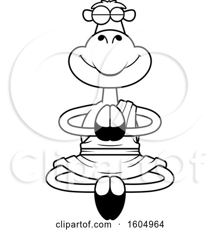 Clipart of a Cartoon Black and White Meditating Zen Camel - Royalty Free Vector Illustration by Cory Thoman