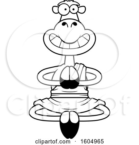 Clipart of a Cartoon Black and White Meditating and Grinning Zen Camel - Royalty Free Vector Illustration by Cory Thoman