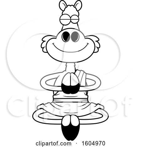 Clipart of a Cartoon Black and White Meditating Zen Llama - Royalty Free Vector Illustration by Cory Thoman