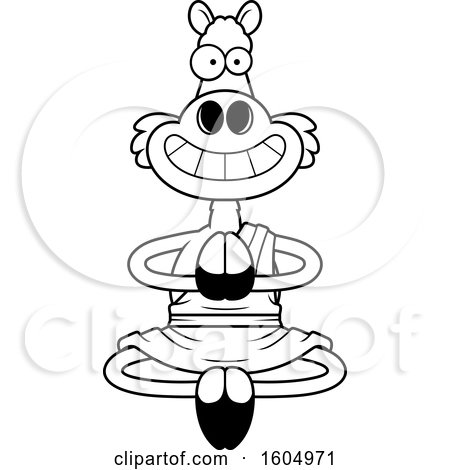 Clipart of a Cartoon Black and White Meditating and Grinning Zen Llama - Royalty Free Vector Illustration by Cory Thoman
