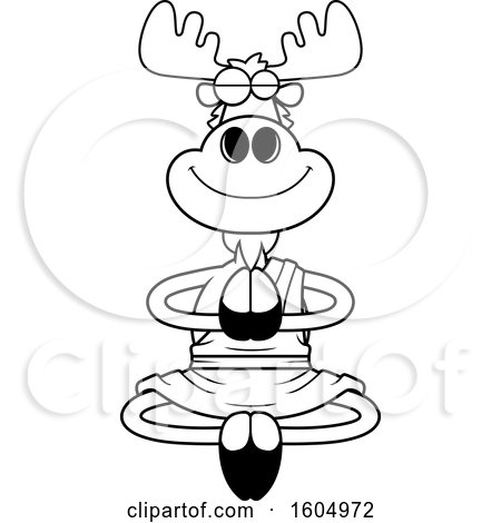 Clipart of a Cartoon Black and White Meditating Zen Moose - Royalty Free Vector Illustration by Cory Thoman