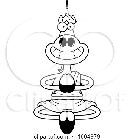 Clipart of a Cartoon Black and White Meditating and Grinning Zen Unicorn - Royalty Free Vector Illustration by Cory Thoman