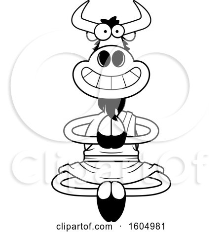 Clipart of a Cartoon Black and White Meditating Zen Wildebeest - Royalty Free Vector Illustration by Cory Thoman