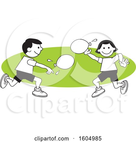 Clipart of a Boy and Girl Throwing a Water Balloons on Field Day over a Green Oval - Royalty Free Vector Illustration by Johnny Sajem
