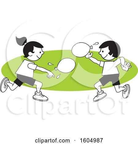 Clipart of a Boy and Girl Throwing a Water Balloons on Field Day over a Green Oval - Royalty Free Vector Illustration by Johnny Sajem