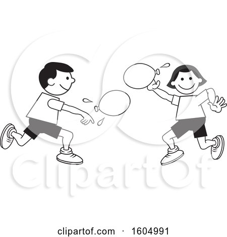 Clipart of a Boy and Girl Throwing a Water Balloons on Field Day - Royalty Free Vector Illustration by Johnny Sajem