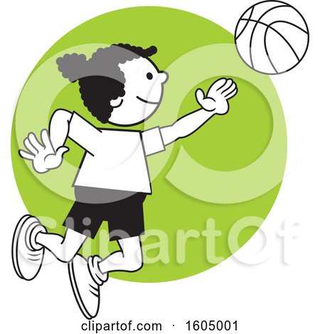 Clipart of a Black Girl Playing Basketball over a Green Circle - Royalty Free Vector Illustration by Johnny Sajem