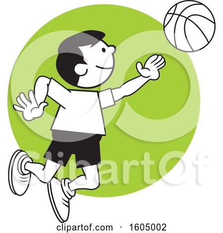 Clipart of a Boy Playing Basketball over a Green Circle - Royalty Free Vector Illustration by Johnny Sajem